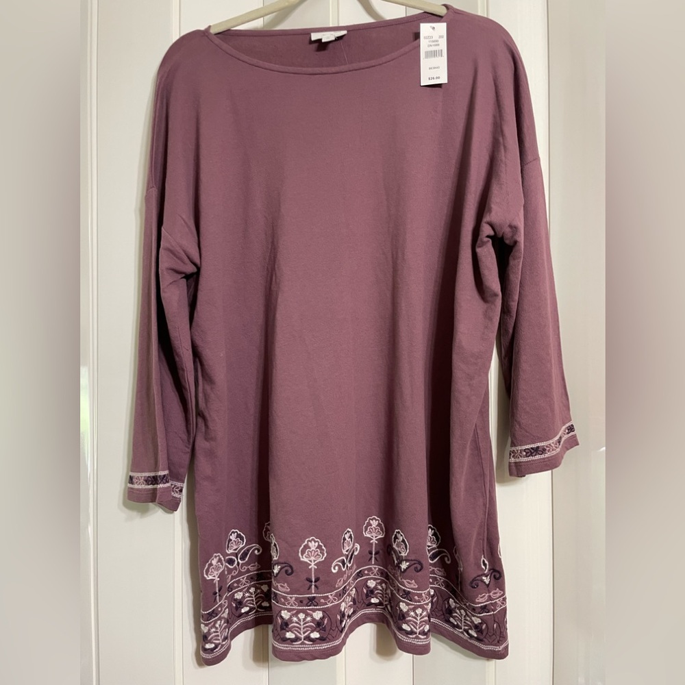 Cotton knit top J.jill. Tall, large, nwt. Embroidered floral trim.